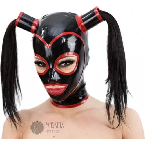 Latex Rubber Hood with Pigtails and Contrast Trim sex toys sex bondage bdsm collar fetish