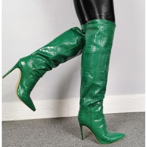 Linamong Woman Green Python Leather Stiletto Heel Knee High Boots Real Photos Pointed Toe Elegant Slip On High Heels Long Boots