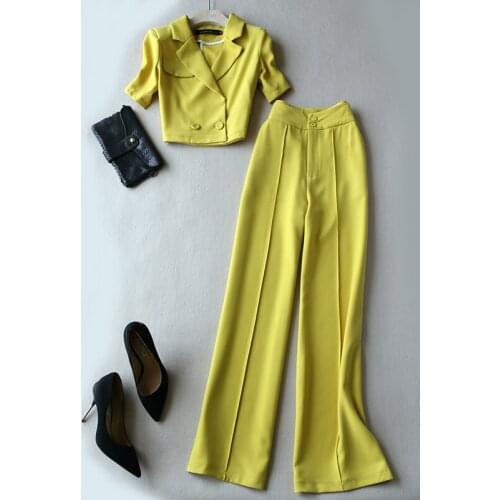 Office Lady Handsome Short Design Suit Blazer Jacket + High Waist Wide Leg Suit Trousers OL Set