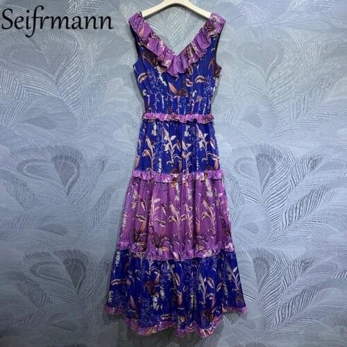 Seifrmann New 2021 Summer Women Fashion Runway Party Maxi Dress Sleeveless Gorgeous Ruffles Elastic Waist Floral Printed Dresses
