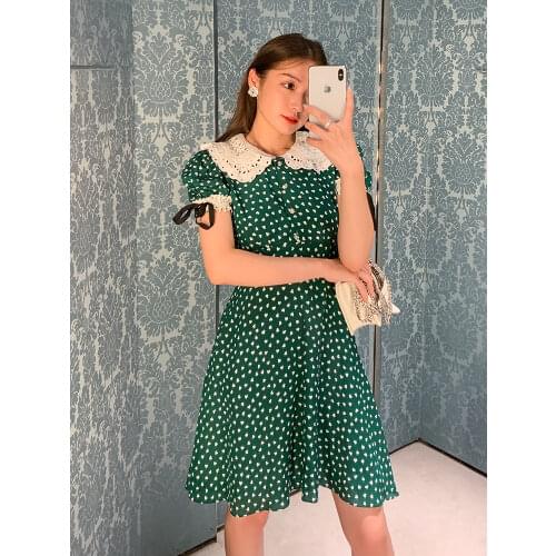 Vintage Lace Embroidery Collar Green Printed Dresses for Women 2021 Summer Runway Designer Short Sleeve Mini Dress