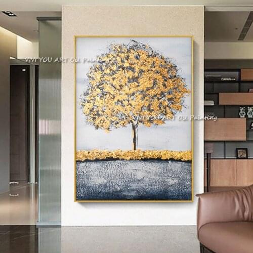 100% Hand painted gold tree oil painting landsacpe knife canvas handmade modern artist home living room decoration drawing