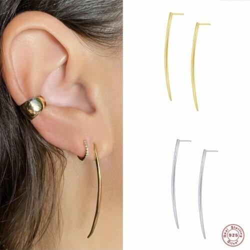 GS 925 Sterling Silver Gold Curved Long Bar Stud Earrings for Women Ivory Teeth Shape Arc Line Hanging Earring Party Jewelry