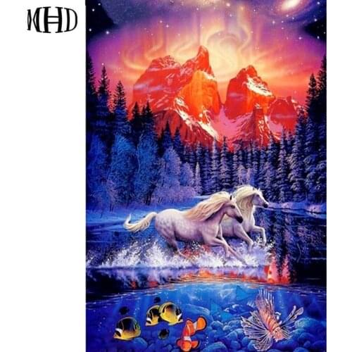 MHD 3d diy Diamonds Paintings Animal Full Square & Round Diamond Embroidery Mountain Lynx Icon Rhinestone Mosaic Horse 40x60cm