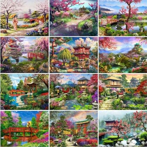 5D Poured Glue DIY Diamond Painting Japanese Garden Landscape Diamond Embroidery Cross Stitch House Mosaic Decor For Home