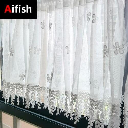 White Pastoral Flower Embroidery Short Curtain Leaf Lace Transparent Tulle Kitchen Partition Decorative Bay Window Drapes#4