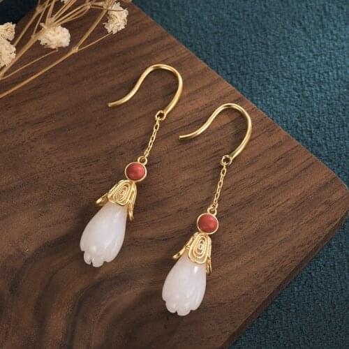 Elegant Magnolia Flower Earrings for Women Chinese Ethnic Style Vintage Earrings Hanging Womens Accessories Girls Gift M4