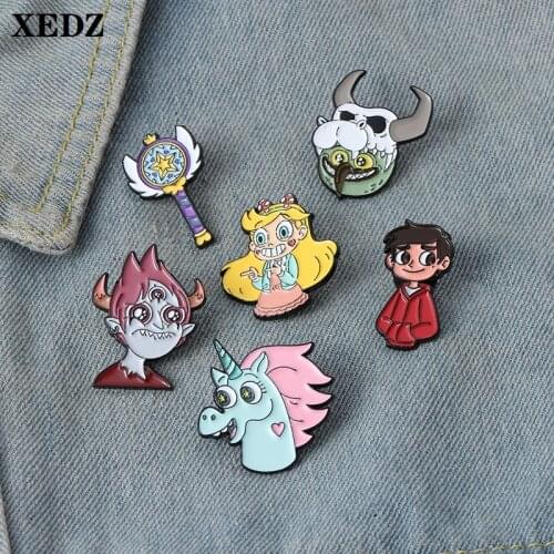 XEDZ Demon Enamel Pin Magic Wand Horns Monster Flame Yellow Hair Girl Red Boy Kawaii Unicorn Jewelry for Woman Lapel Brooch Gift