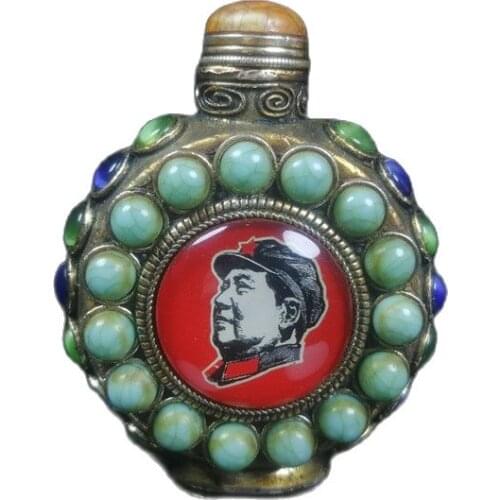 Chinese Old Beijing Old Goods Collection Old Copper Tire Cloisonne Inlaid Turquoise Snuff Bottle