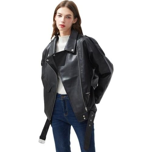 Jacket women jackets traf Womens loose belt casual bicycle jacket casual womens slippers BF style black leather jacket
