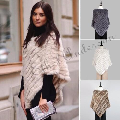 Fashion Fur Pullover For Women Knitted Genuine Rabbit Fur Poncho Capes Ladies Real Fur Knit Amic Wraps Triangle Shawls Jackets
