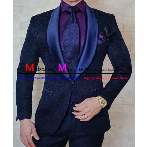 2021 Black Mens Suits Classic Jacquard Vintage Formal Business 3 Piece Male Slim Wedding Groom Blazer (Jacket+Vest+Pants)