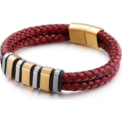 Mens Cool Jewelry Woven Red Cowhide 2 Layer Braided Leather 1.2cm Width Stainless Steel Multi Charm Bracelet 210mm