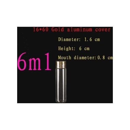 Capacity 6ml (16*60*8mm) 150pcs/lot Golden aluminum cap glass bottle packaging sample vials, empty 6ML glass bottle