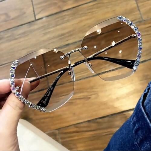 Alloy Luxury Diamond Trimming Oversized Rimless Square Clear Lens Sunglasses Frame Male Sun Glasses Brand Designer Eyewear Shade