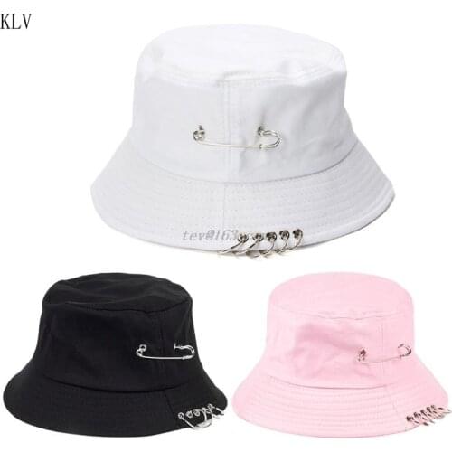Unisex Harajuku Punk Cotton Personality Bucket Hat Metal Pin O-Ring Solid Color Wide Brim Foldable Hip Hop Fisherman Cap