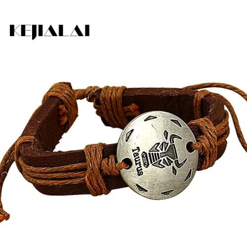 Punk Jewelry 12 Zodiac Signs Bracelet Genuine Leather Weave 12 Constellations Bracelets Alloy Vintage Charms For Men Women Gift