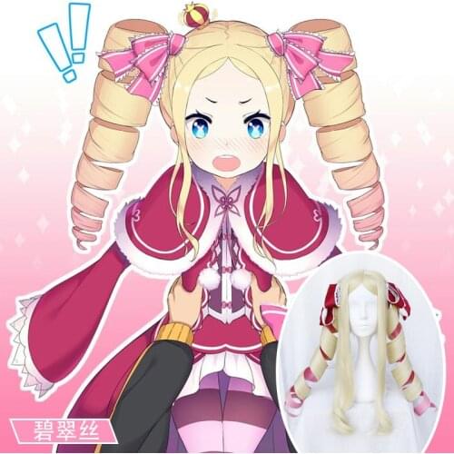 Re: Life A Different World From Zero Beatrice Pink Mixed Blonde Curly Synthetic Hair Cosplay Anime Wigs + Free Wig Cap