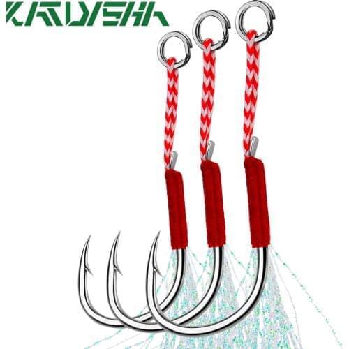 KATYUSHA 50Pcs/lot Jig Head Fishhooks 11-13-15-16-17-18-19-20# Cast Jigging Assist Fishing Hooks with Feather Barbed Hooks