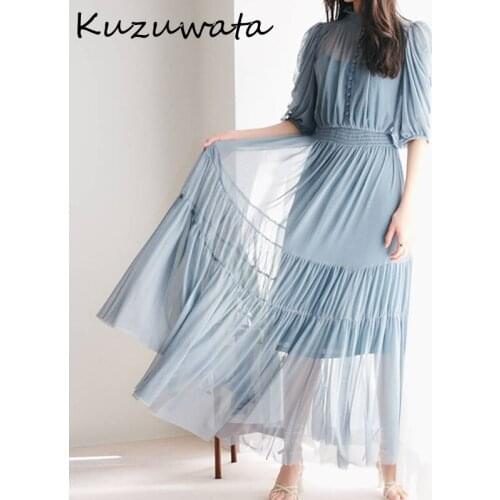 Puff Button Chic Sleeve Design Woman Dresses Japan Style Solid Sweet Pleated Vestidos Fresh High Waist Chiffon Dress