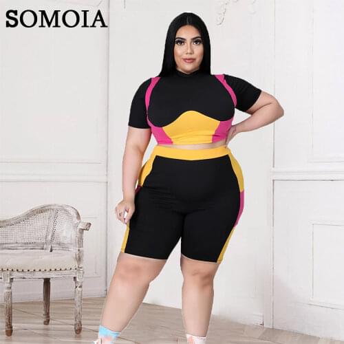 Plus Size Sports Two Piece Womens Clothing Personality Contrast Color Fashion Short-sleeved Round Neck Sexy Nude Casual Suit