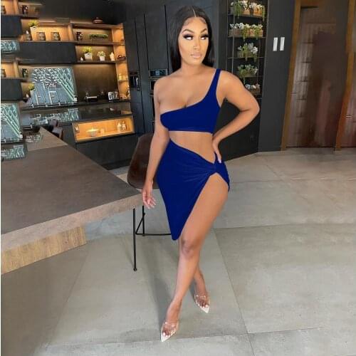 Single Shoulder Sleeveless Vest Crop Top+High Split Asymmetric Knot Skirts Womens 2 Pieces Irregular Skirt Outfits Matching Set