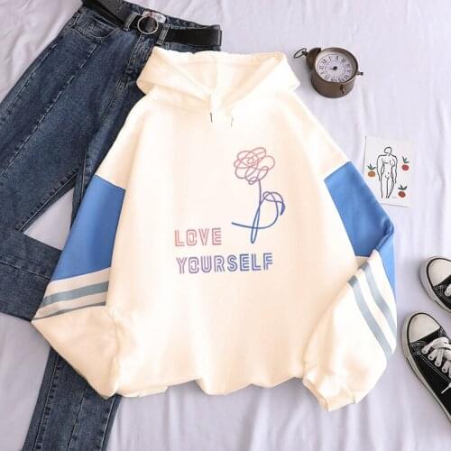 Oversized sweatshirt hoodie love yourself with flowers print hoodies pullover fashion harajuku winter Contrasting color hoodies