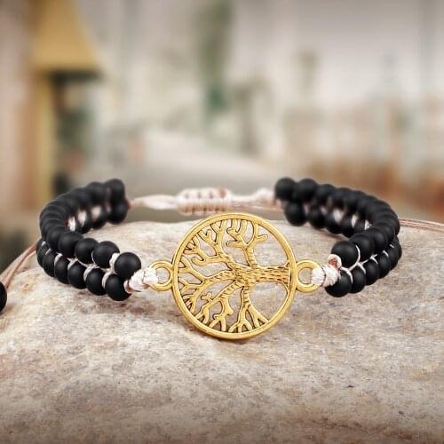 Vintage Tree of Life Beaded Bracelets Charm Infinity Reiki Healing Bracelet Handmade Natural Stone Black Onyx Yoga Wrap Handband