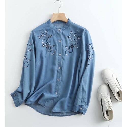 Embroidery denim shirt women floral spring soft o neck jeans shirt long sleeves blue casual cotton shirt blouse tops