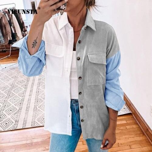 Women Casual Loose Stitching Color Shirt Coat Turn-down Collar Buttons Pocket Corduroy Coat 2021 Autumn Winter New Ladies Jacket
