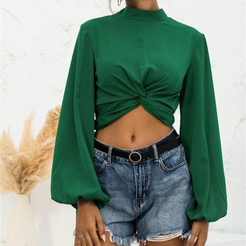 Lantern Sleeve Autumn Winter Women Tops Stand Collar Kink Fashion Short T-shirt Solid Color Female Streetwear Pullover 2021