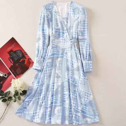 2021 Fashion Designer Autumn New Dress Women Blue Flower Printed Long Sleeve Elastic Waist Elegant Dresses