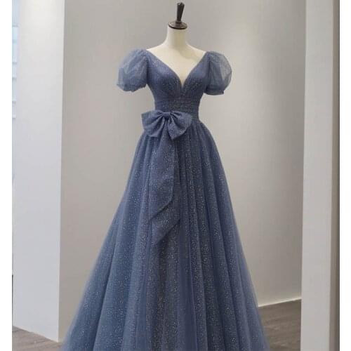 2021 Sexy Dark V-neck Evening Dresses Long A-line Tulle Formal Party Gowns Sequins Woman Blue Fairy Dress Vestidos