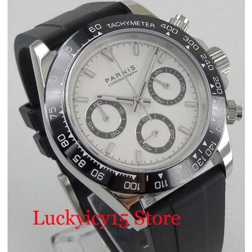 39mm White Dial Chronograph Function Quartz Mens Watch With Rubber Strap Sapphire Glass