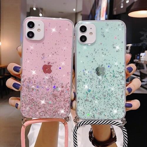 Glitter Lanyard Strap Cord Chain Case For iPhone 12 Pro Max Mini XR X XS SE 2020 7 8 6 6S Plus Cover For iPhone 11 Pro Max Cover
