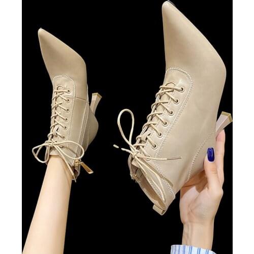 European and American high heels 2020 autumn winter new pointed toe stiletto ankle boots wild lace fashion boots shose women