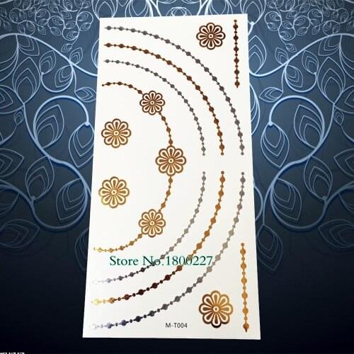 Flower Chains Jewelry Gold Metallic Tattoo Body Art Temporary Flash Tattoo Sticker 21x10cm Waterproof Henna Tatoo Beauty Selfie