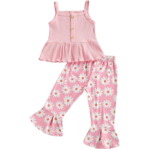 Kids Baby Girls Fashion 2-piece Outfit Set Sleeveless Tops+Daisy Print Flared Pants Set