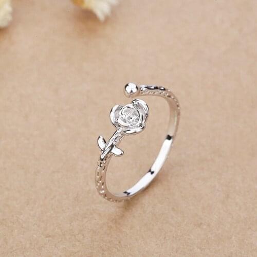 Exquisite Rose Flower Silver Color Opening Ring Elegant Wedding Engagement Ring Accessories Fashion Womens Jewelry Gift