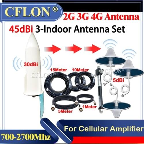 45dBi 4G Antenna Set 700~2700mhz Omnidirectional Antennas GSM 4PCS Antennas 5/10/15Meter Cable for 2G3G4G Mobile Signal Booster