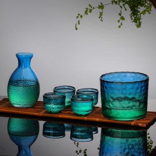 Creative Japanese Sake Pot Hammered Glass Pot Fruit Wine Glass Green Plum Wine Warm Pot Malachite Blue Green Pot Wine Set