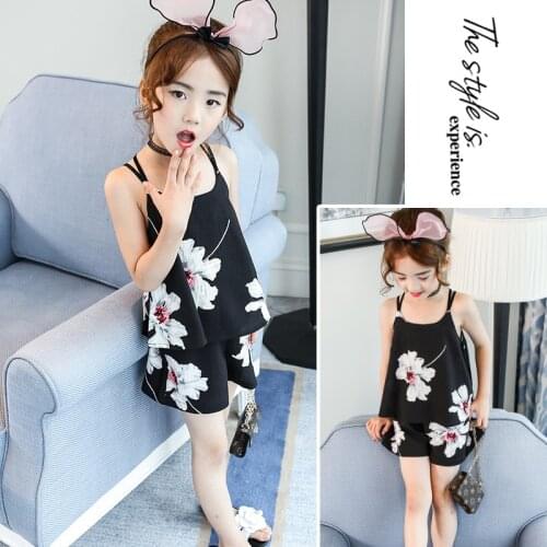 2020 new Childrens clothing sets big girls black print sling vest + shorts 2 pcs suit kids sleeveless fashion camisole clothes