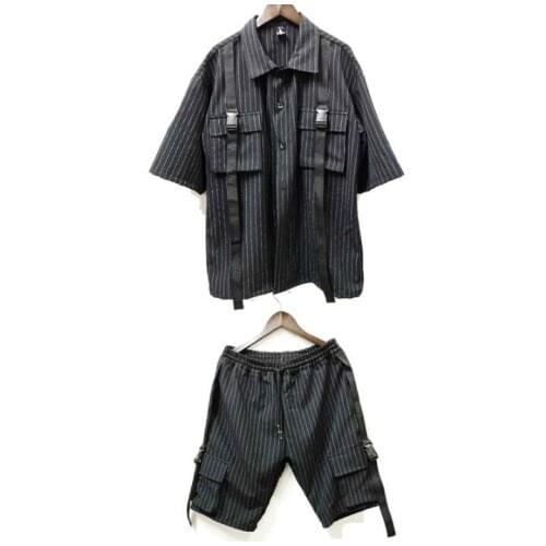 2020 striped work shirt pocket short sleeve shirt set personality retro work shirt striped shirt Big yards mens clothing