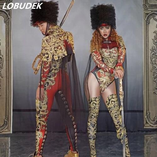 Man Women Stage Performance Army Uniform Cosplay Costume Vintage Printing Bodysuit Jumpsuit Cape Dance Outfit Role Show Clothes