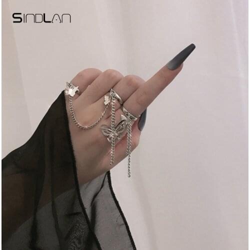 Sindlan 3Pcs Gothic Butterfly Silver Color Chain Rings for Women Punk Stranger Things Set Couple Y2k EMO Fashion Jewelry Bague