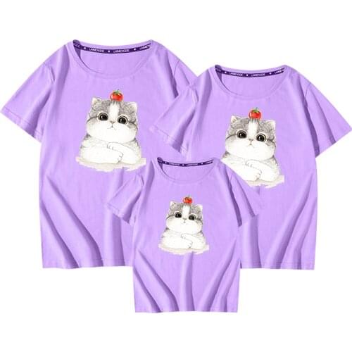 New Fashion Summer T Shirt Printing Cotton Family Casual Sweet Baby Purple Tops Streetwear Parents-child Loose Harajuku Funny