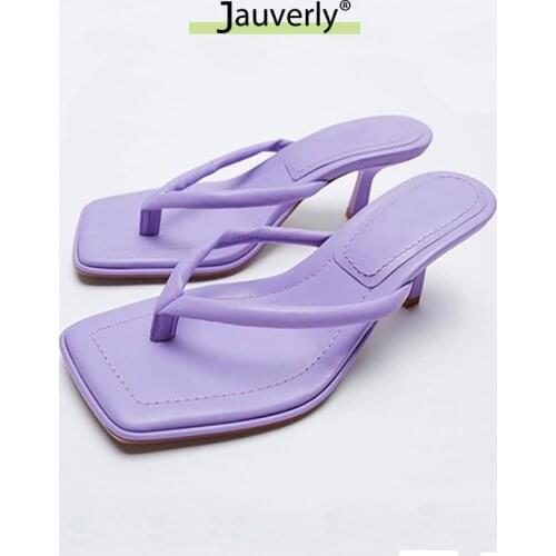 2021 New Womens Slippers Concise Style Purple Square Head Flip-Flops With Thin Straps High Heels Sheep Leather Sandals Woman