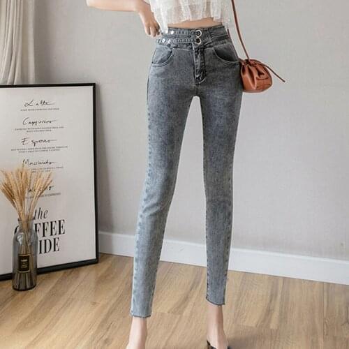 Summer 2021 New Womens Elastic High Waist Stretch Hip Fit Skinny Jeans Pants Korean Fashion Denim Washed Slim Pencil Pants X09