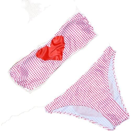 New Sexy Bikinis Heart Plaid Woman Patchwork Swimwear Female Strapless Bikini Set Off Shoulder Beachwear Monokini Bathing Suit