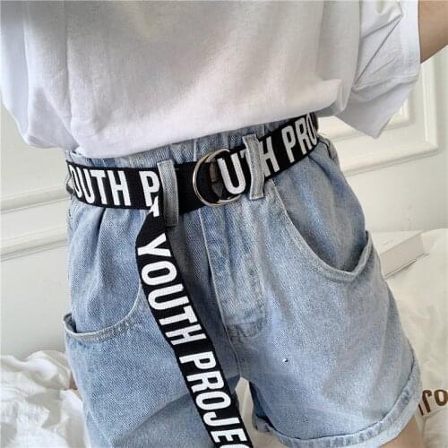 Women Men Canvas Belts Punk Letter Printed Ladies D Ring Long Waist Strap Jeans Trouser Black White Student Casual Waistband